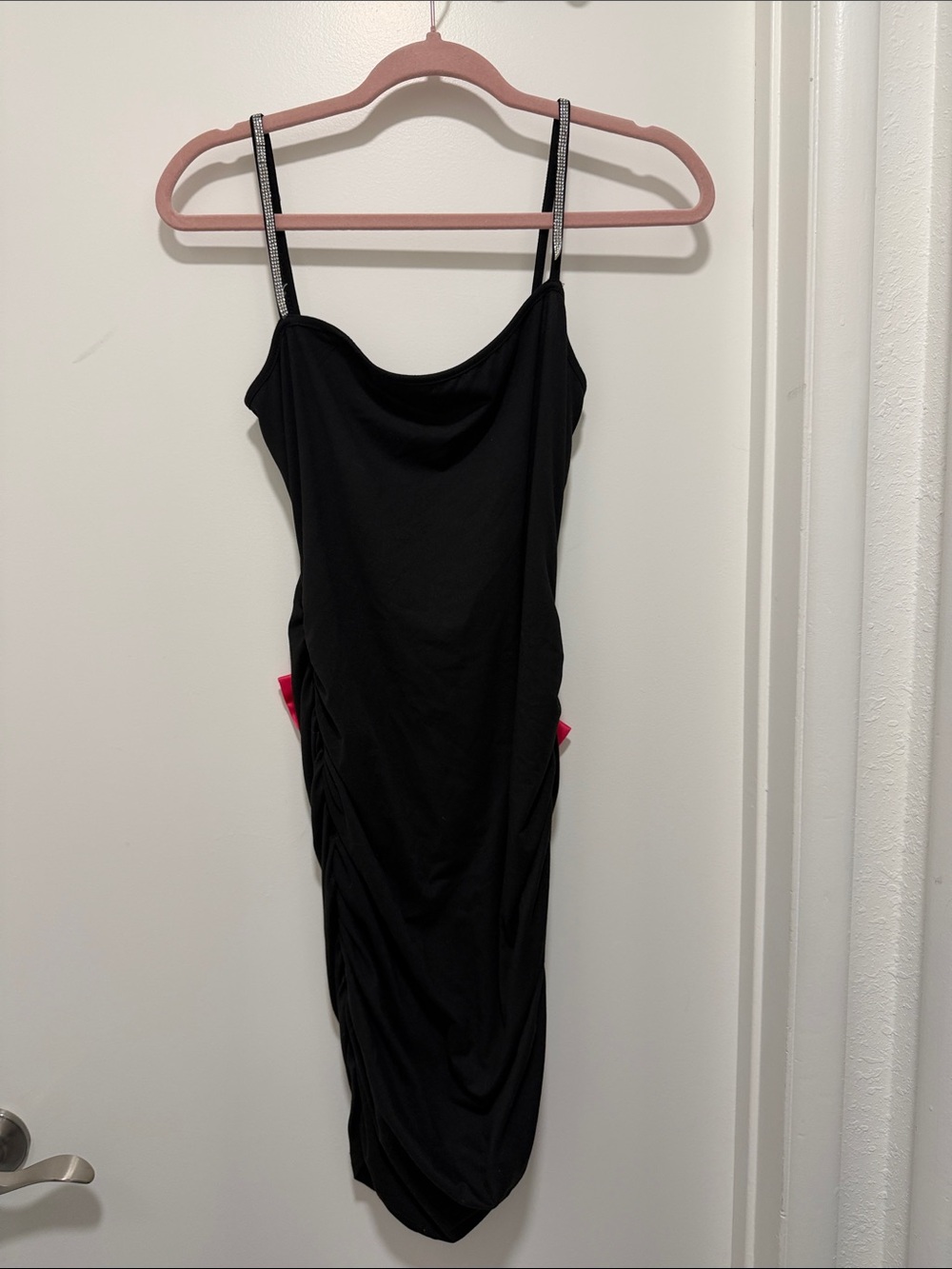 SHEIN Black Ruched Midi Slip Dress with Thin Straps